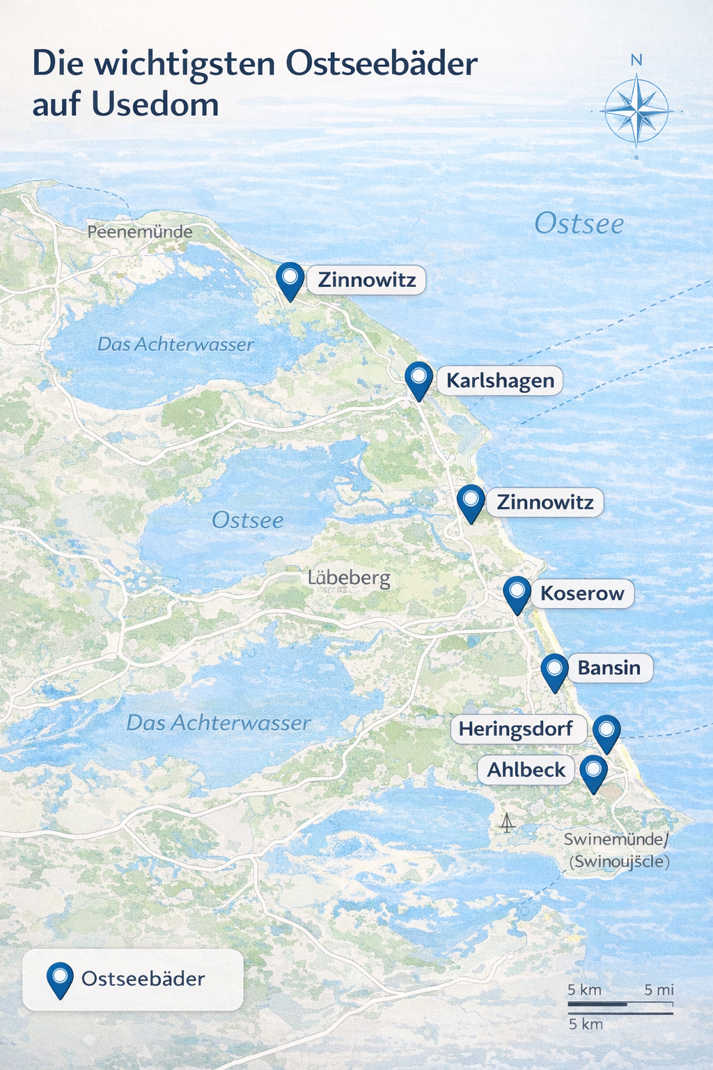 Karte der wichtigsten Ostseebäder auf Usedom mit Ahlbeck, Heringsdorf, Bansin, Koserow, Zinnowitz und Karlshagen